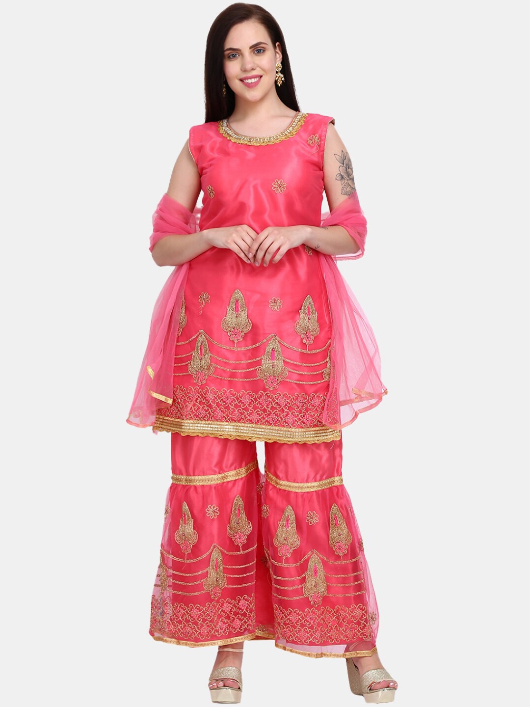 

V-Mart Ethnic Motifs Embroidered Zari Pure Cotton Kurta with Pyjamas & Dupatta, Pink