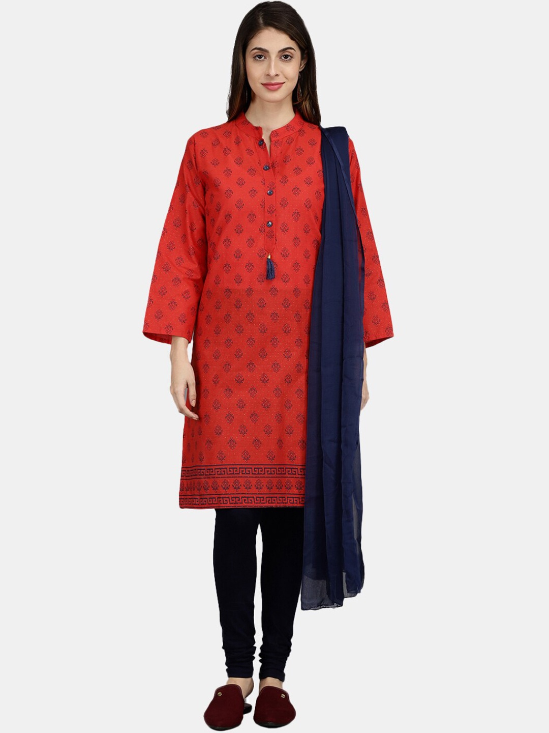 

V-Mart Ethnic Motifs Printed Pure Cotton Kurta with Pyjamas & Dupatta, Red