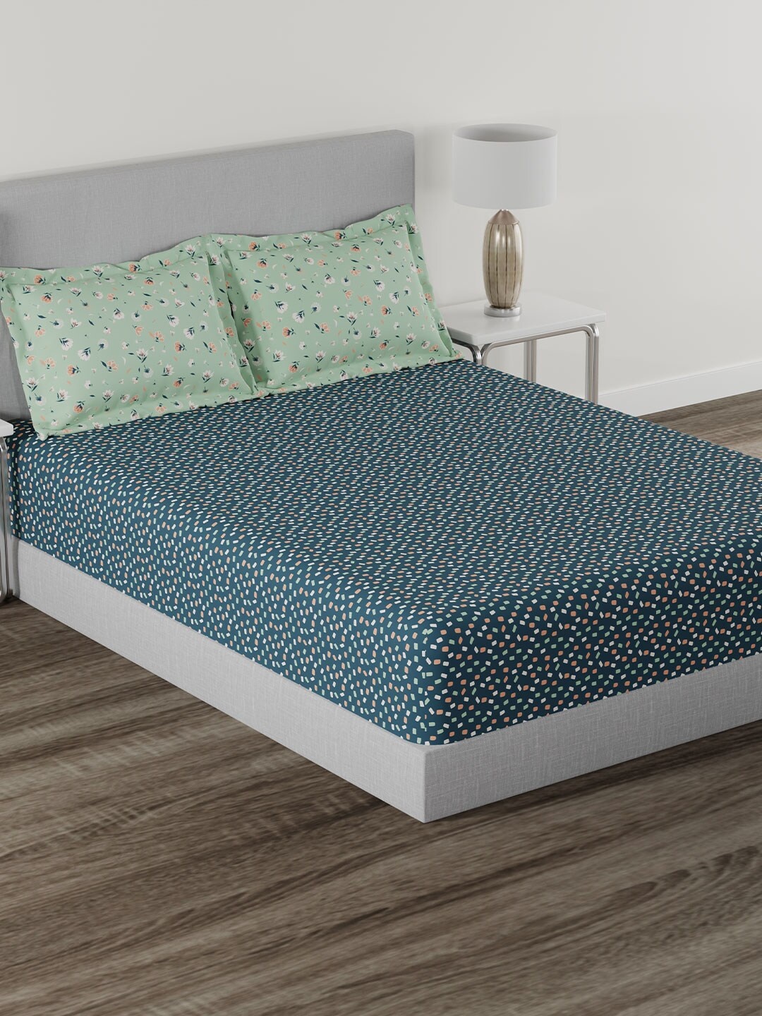 

MYTRIDENT Everyday Navy Blue Printed 120 TC Cotton Queen Bedsheet 2 Pillow Covers