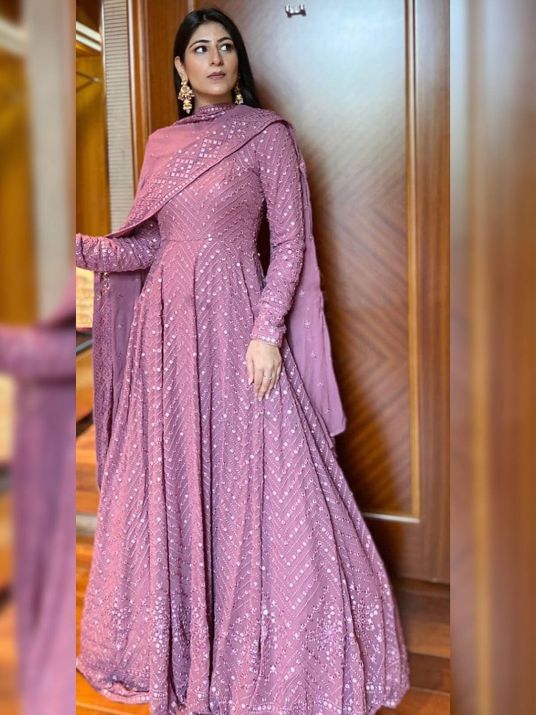 

ODETTE Geometric Embroidered Mirror Work Detail Empire Style Anarkali Kurta with Dupatta, Purple