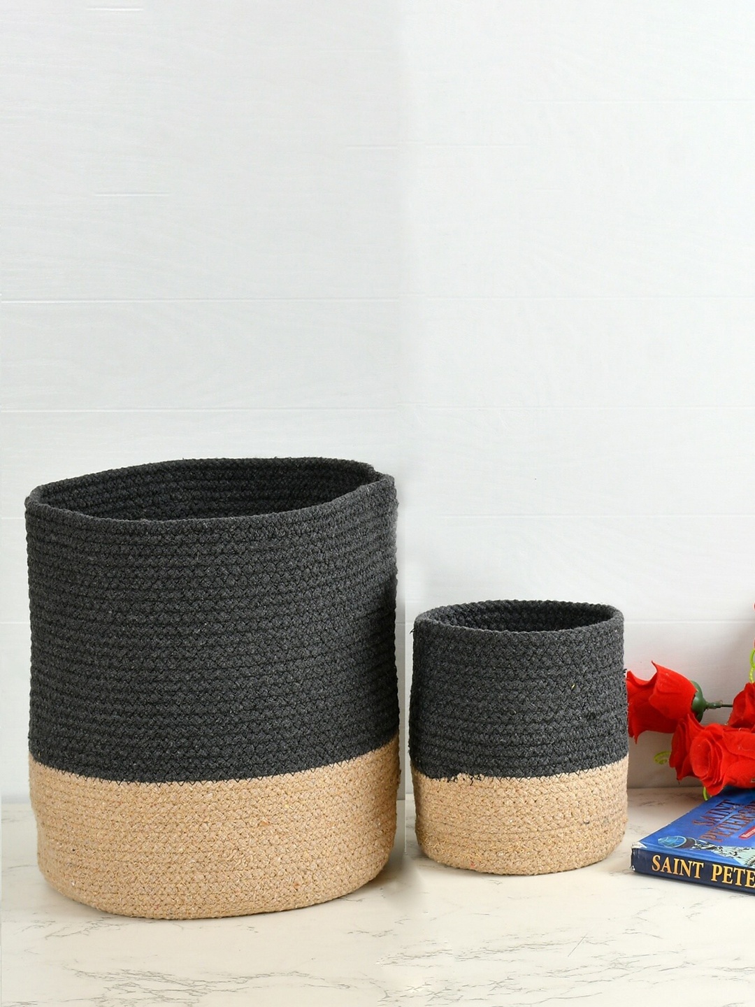 

Homefab India Dark-Grey & Brown 2 Pieces Braided Woven Cotton Planter Baskets