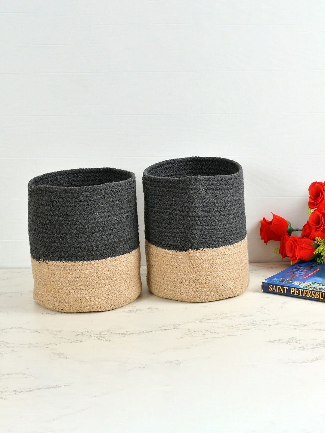 

Homefab India Grey & Beige 2 Pieces Braided Woven Cotton Planter Baskets