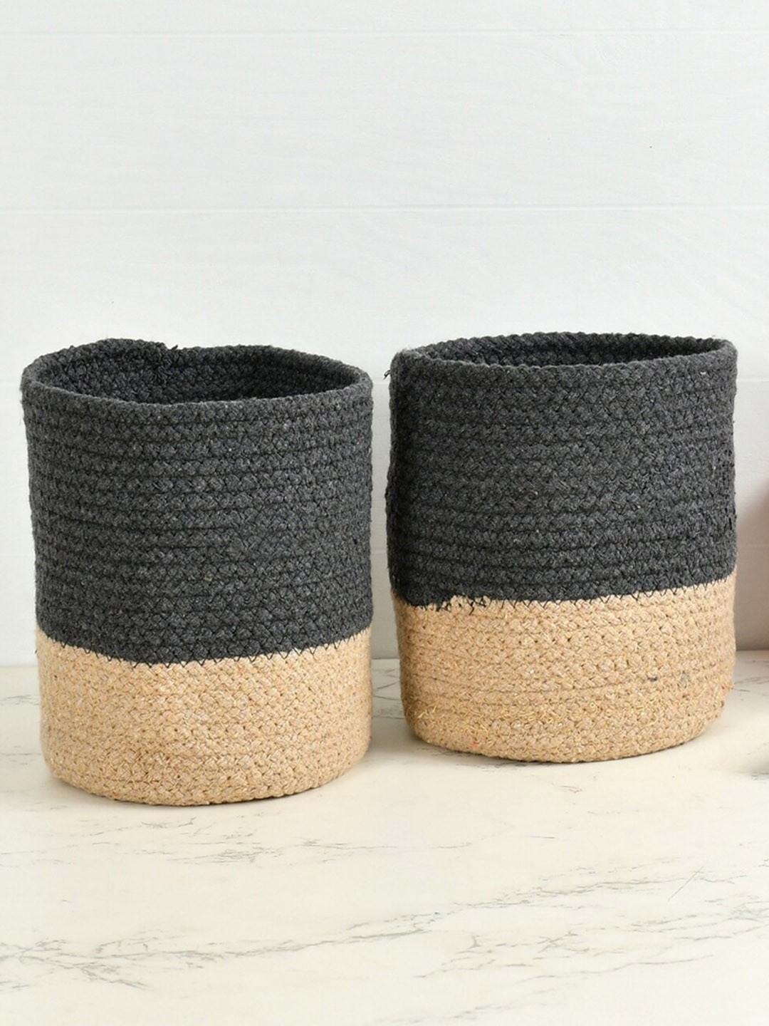 

Homefab India Dark Grey & Brown 2 Pieces Braided Woven Cotton Planter Baskets