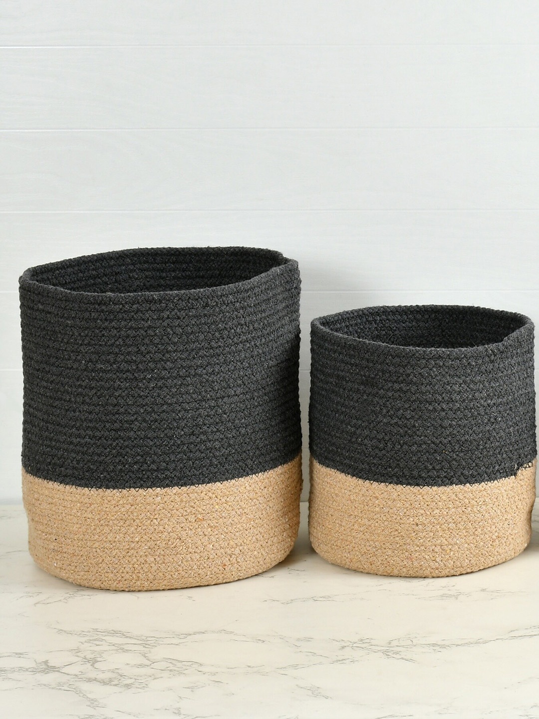 

Homefab India Dark-Grey & Beige 2 Pieces Braided Woven Cotton Planters