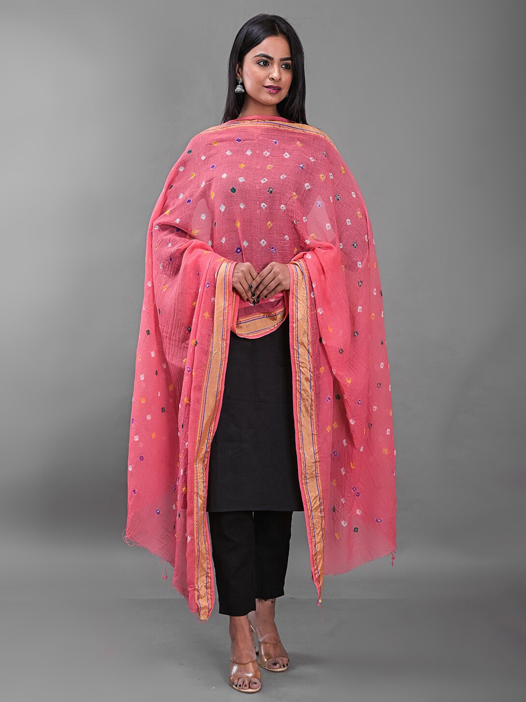 

Apratim Printed Bandhani Cotton Dupatta with Zari, Peach