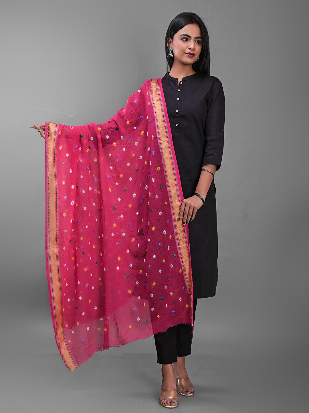 

Apratim Printed Bandhani Cotton Dupatta, Pink