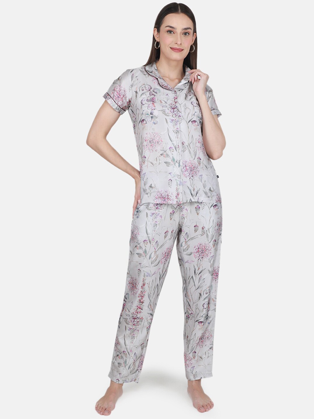 

Monte Carlo Floral Printed Night Suit, Grey