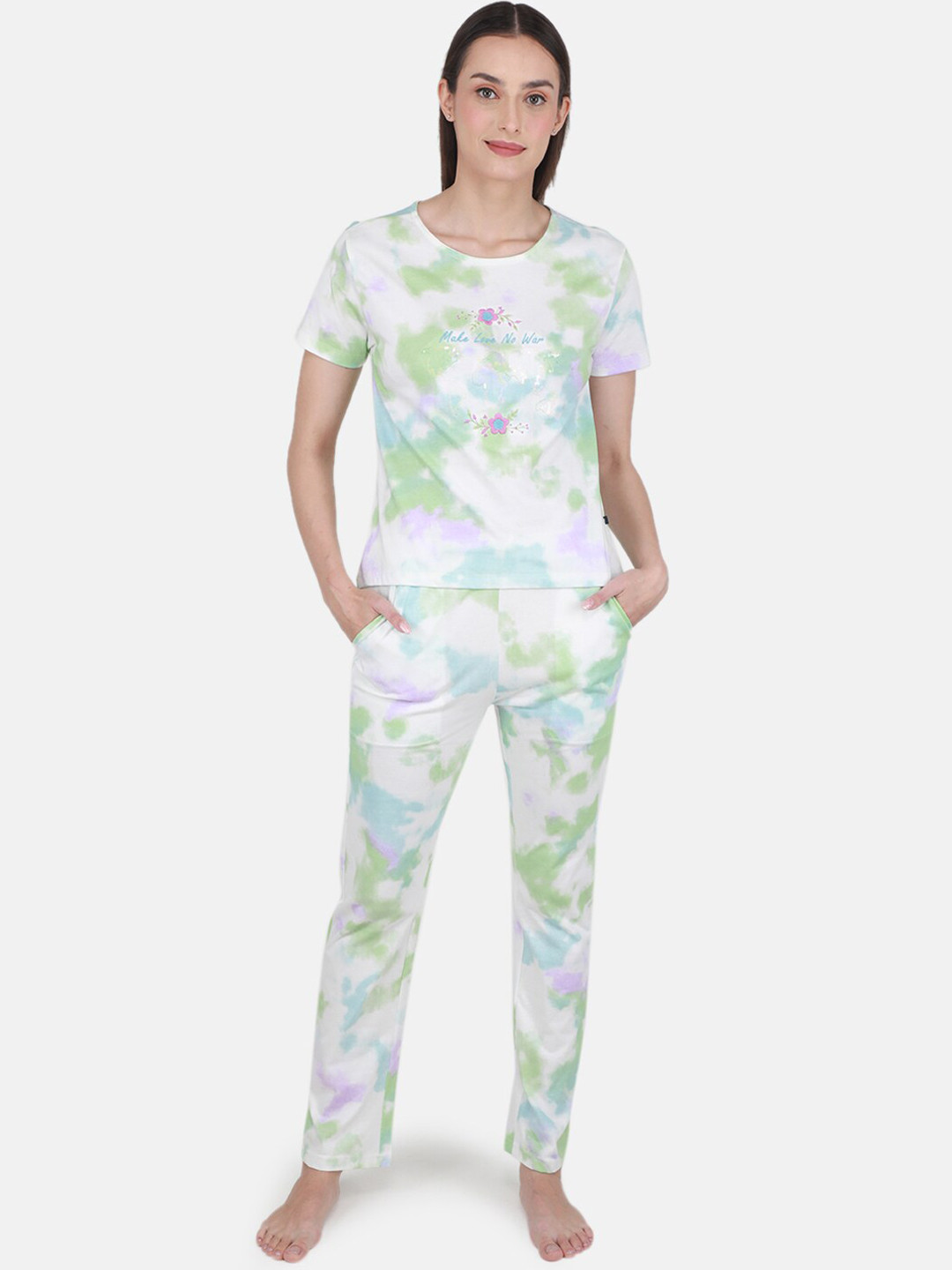 

Monte Carlo Tie & Dye Printed Pure Cotton Night Suit, Green