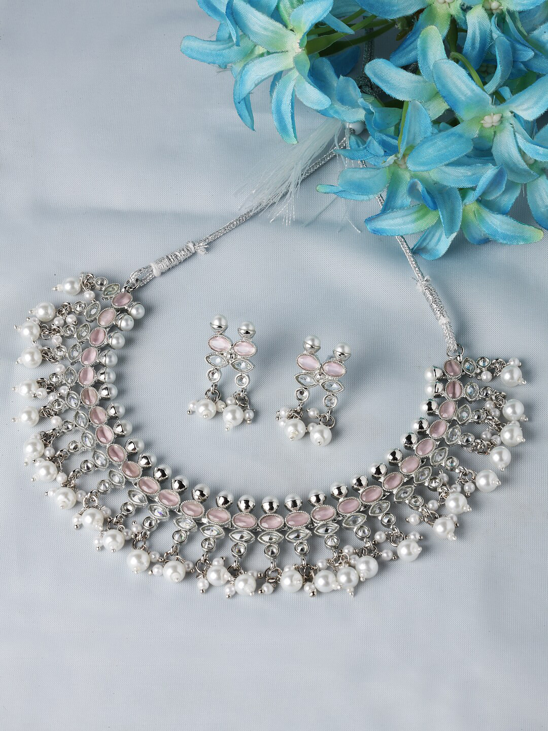 

ZENEME Rhodium-Plated AD Pearl Studded Necklace Earrings Jewellery Set, Silver