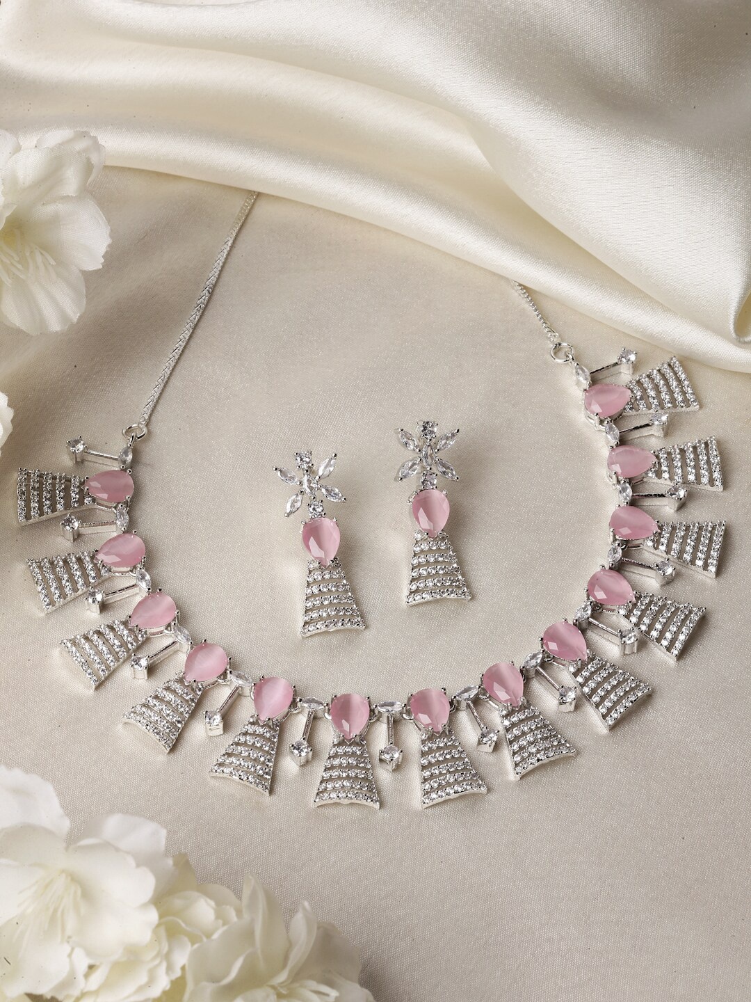 

ZENEME Rhodium-Plated AD-Studded Jewellery Set, Silver