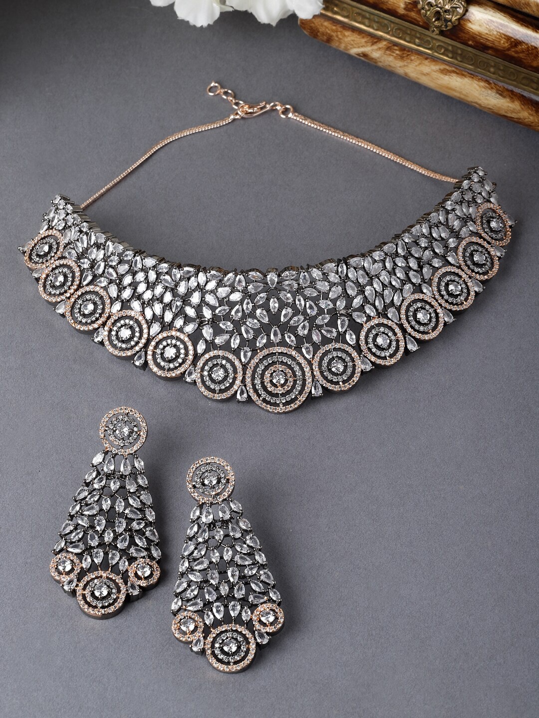 

ZENEME Rose Gold-Plated AD-Studded Jewellery Set