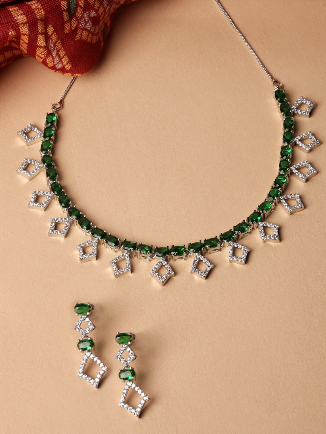 

ZENEME Rhodium-Plated AD-Studded Jewellery Set, Silver