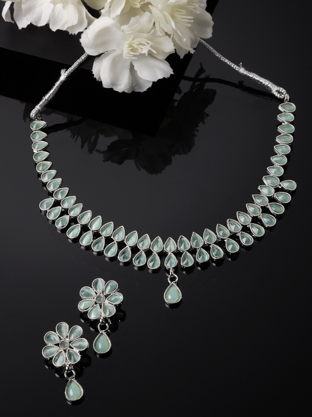 

ZENEME Rhodium-Plated Pear Lime AD Studded Necklace with Earrings Jewellery Set, Silver