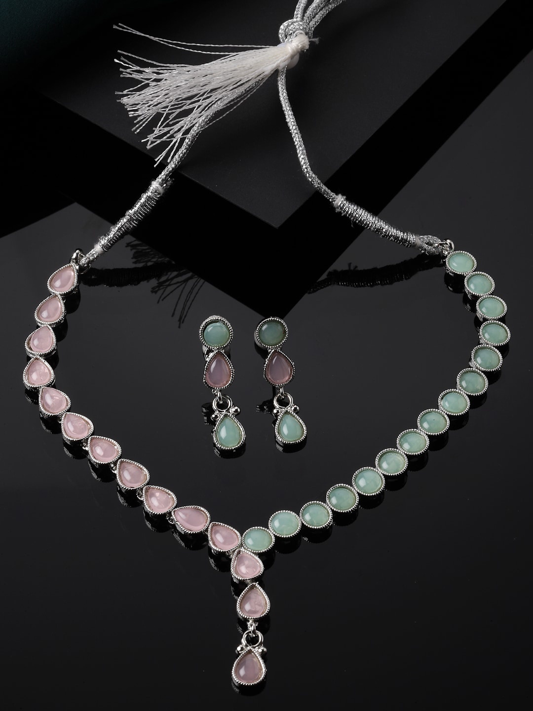 

ZENEME Rhodium-Plated AD Studded Necklace with Earring Jewellery Set, Silver