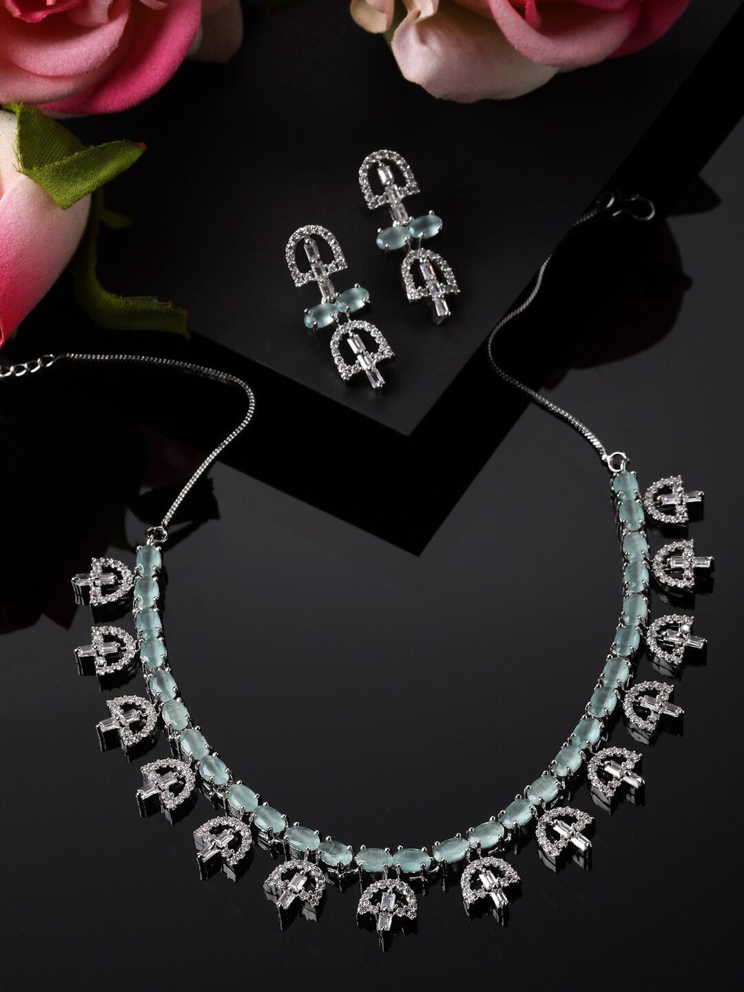 

ZENEME Rhodium-Plated AD-Studded Jewellery Set, Silver