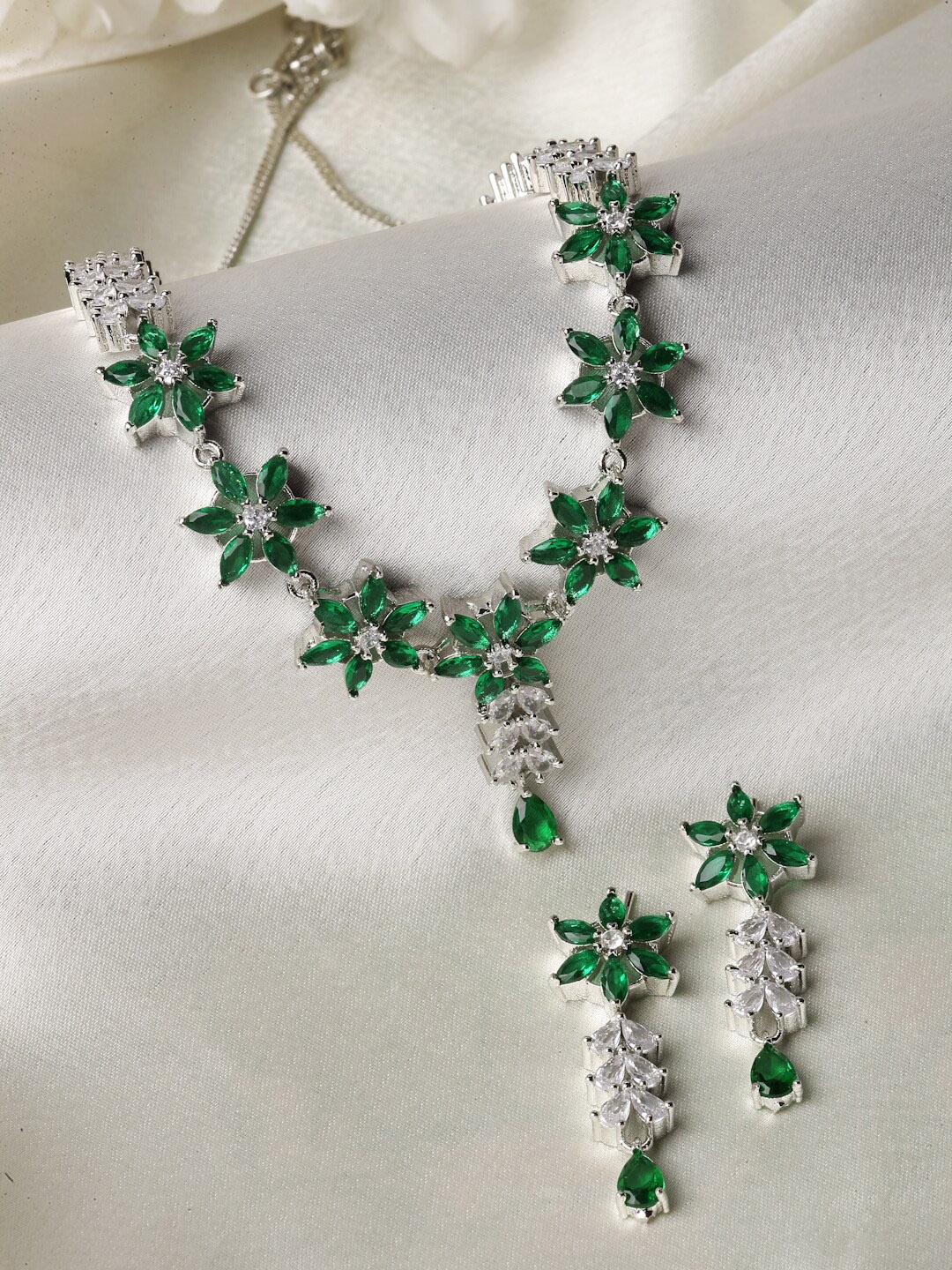 

ZENEME Rhodium-Plated AD Studded Jewellery Set, Green