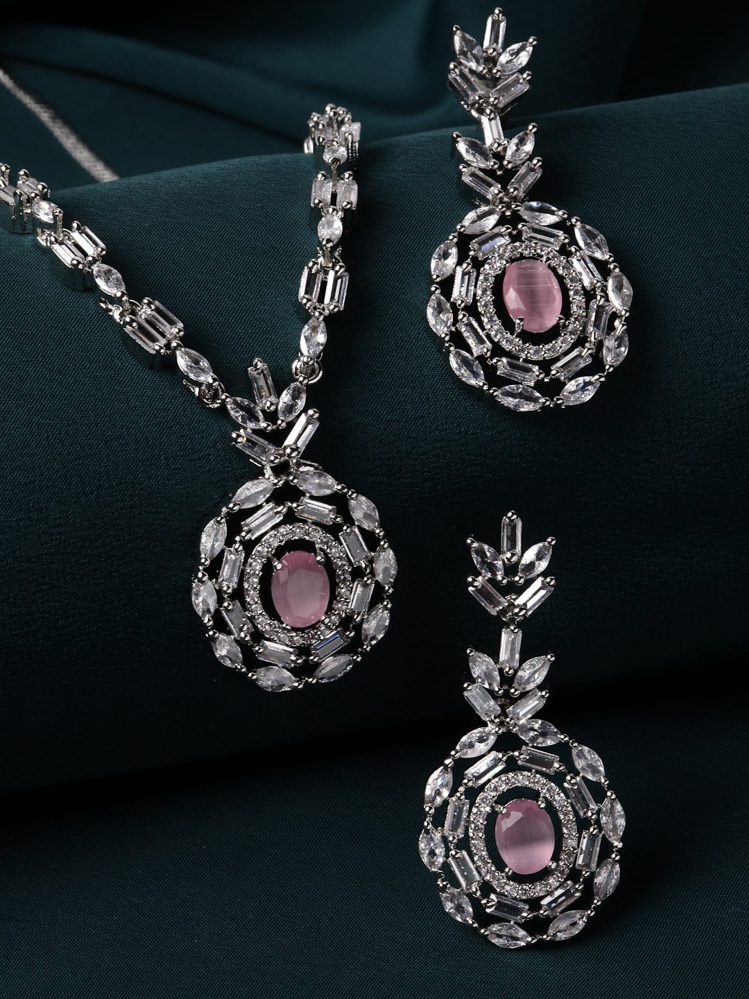 

ZENEME American Diamond-Studded Necklace & Earring Jewellery Set, Pink