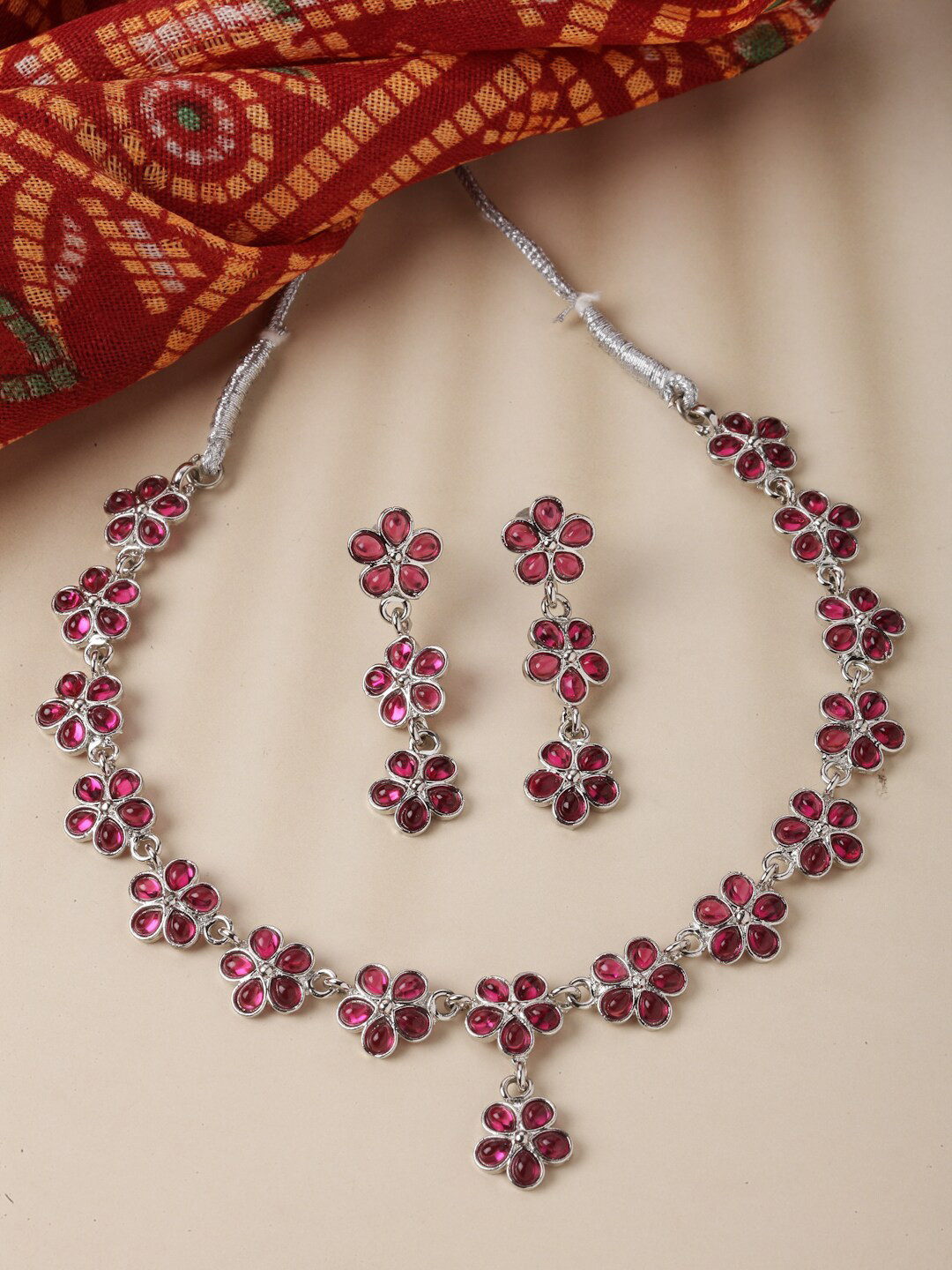 

ZENEME Rhodium-Plated Flower American Diamond Studded Necklace with Earrings Jewellery Set, Silver