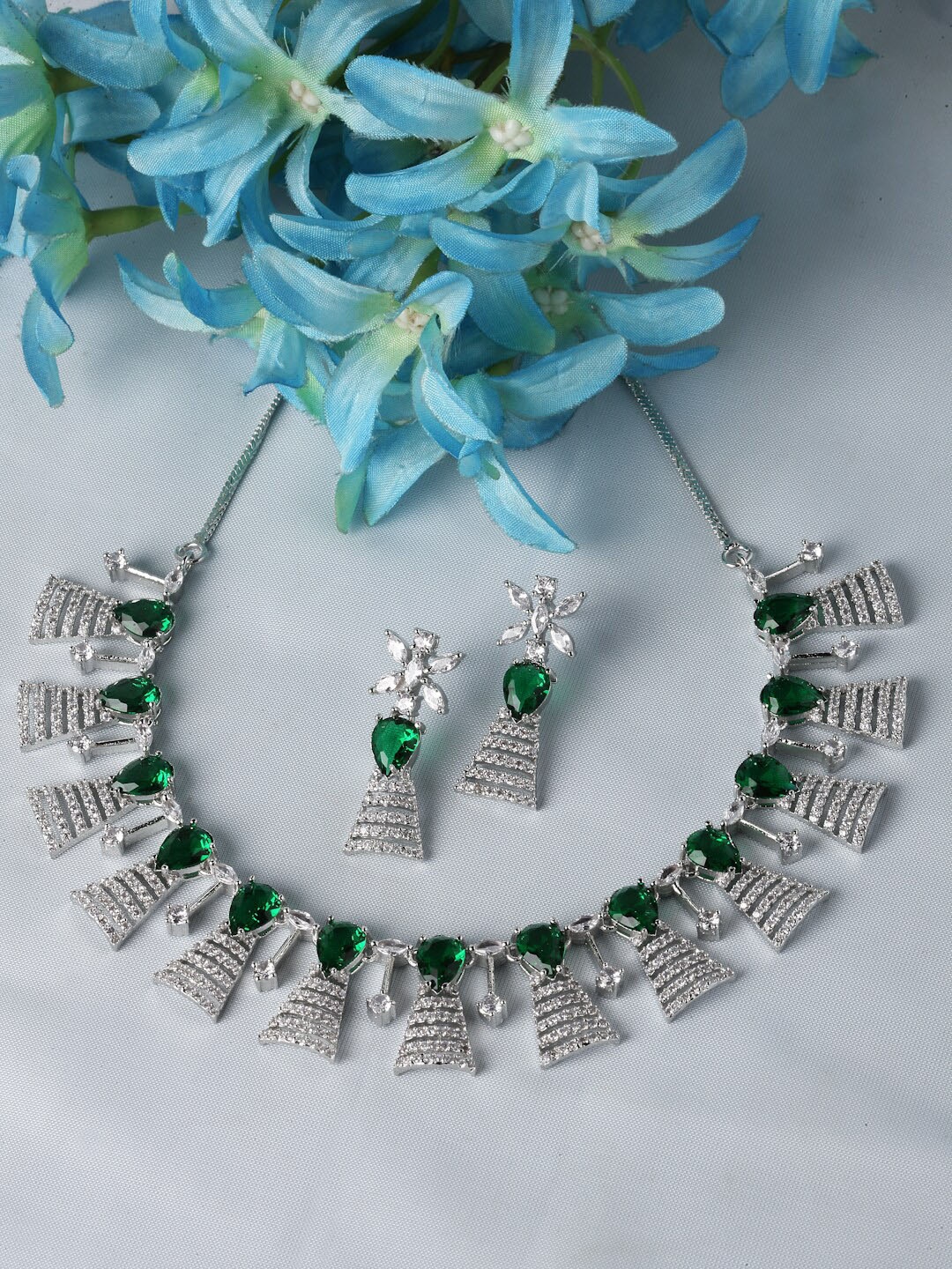 

ZENEME Rhodium-Plated AD-Studded Jewellery Set, Silver