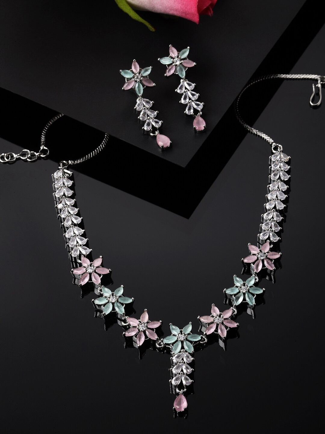 

ZENEME Rhodium-Plated AD Studded-beaded Jewellery Set, Lime green