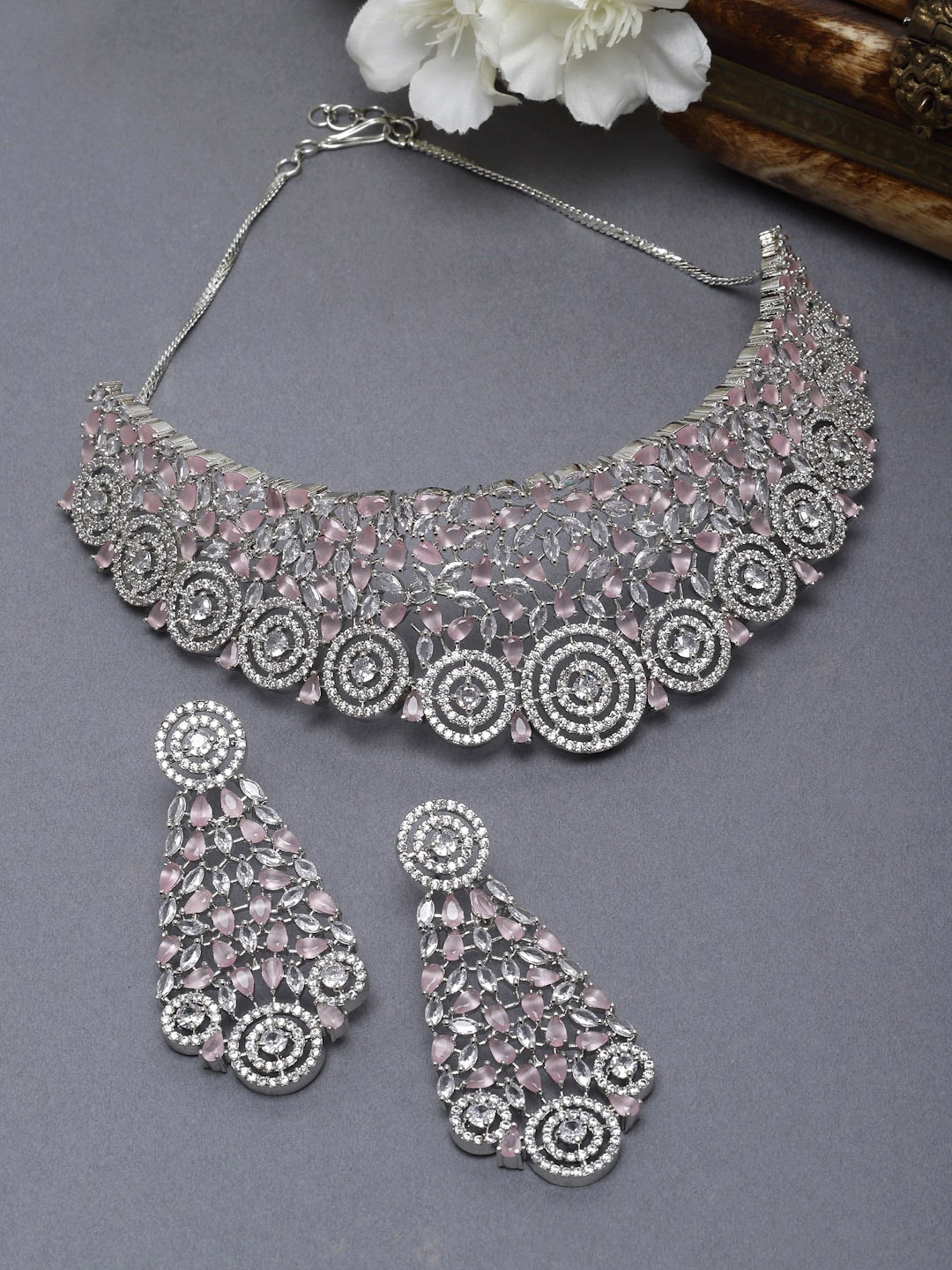 

ZENEME Rhodium-Plated & AD-Studded Jewellery Set, Silver