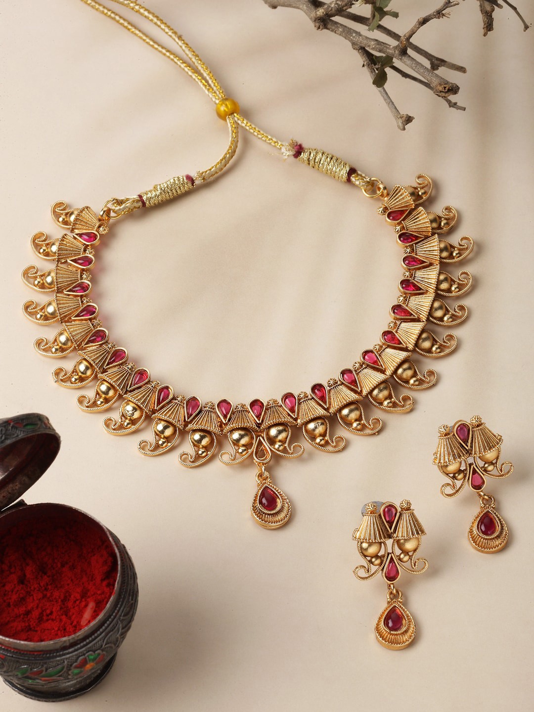 

ZENEME Gold-Plated Artifical Stone-Studded Jewellery Set, Red
