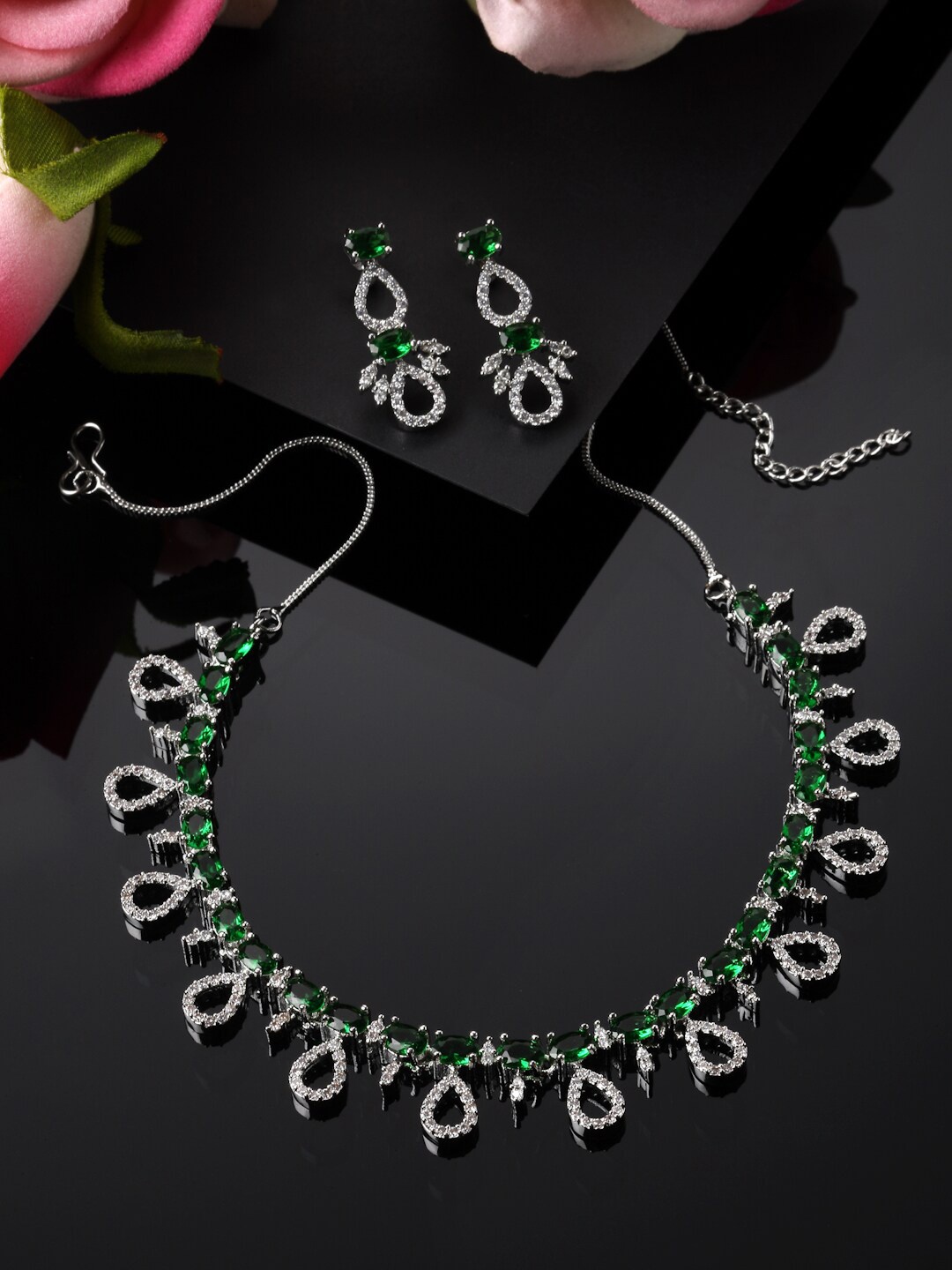 

ZENEME Rhodium-Plated Stone-Studded Jewellery Set, Silver