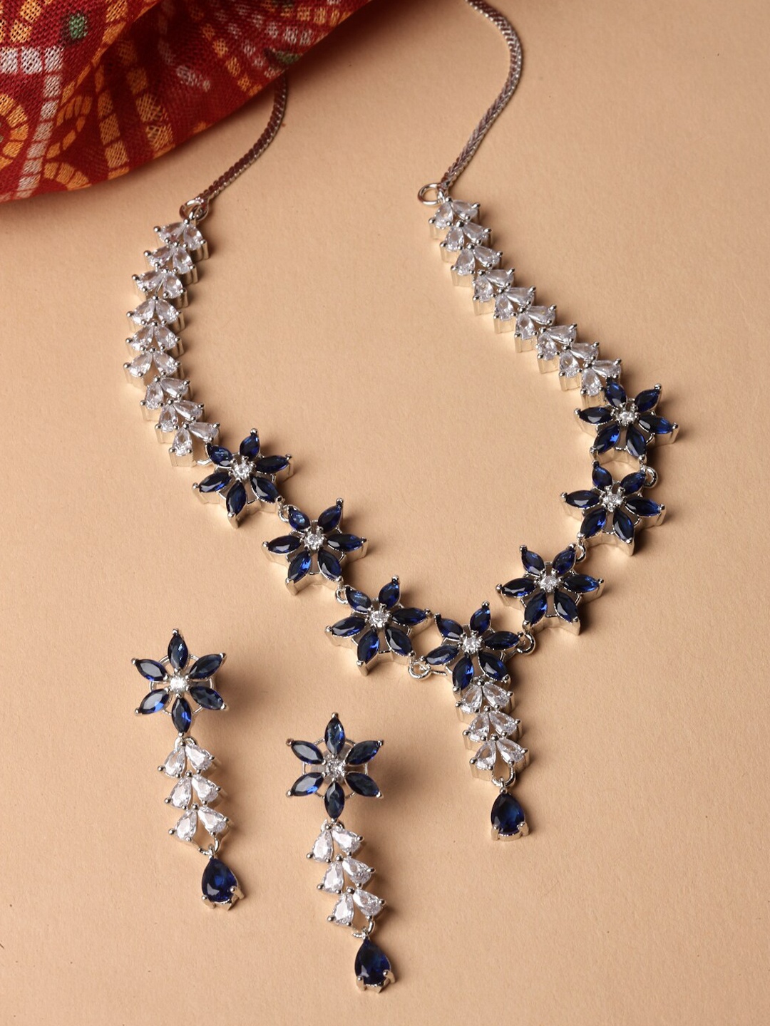 

ZENEME Rhodium-Plated AD-Studded Jewellery Set, Blue