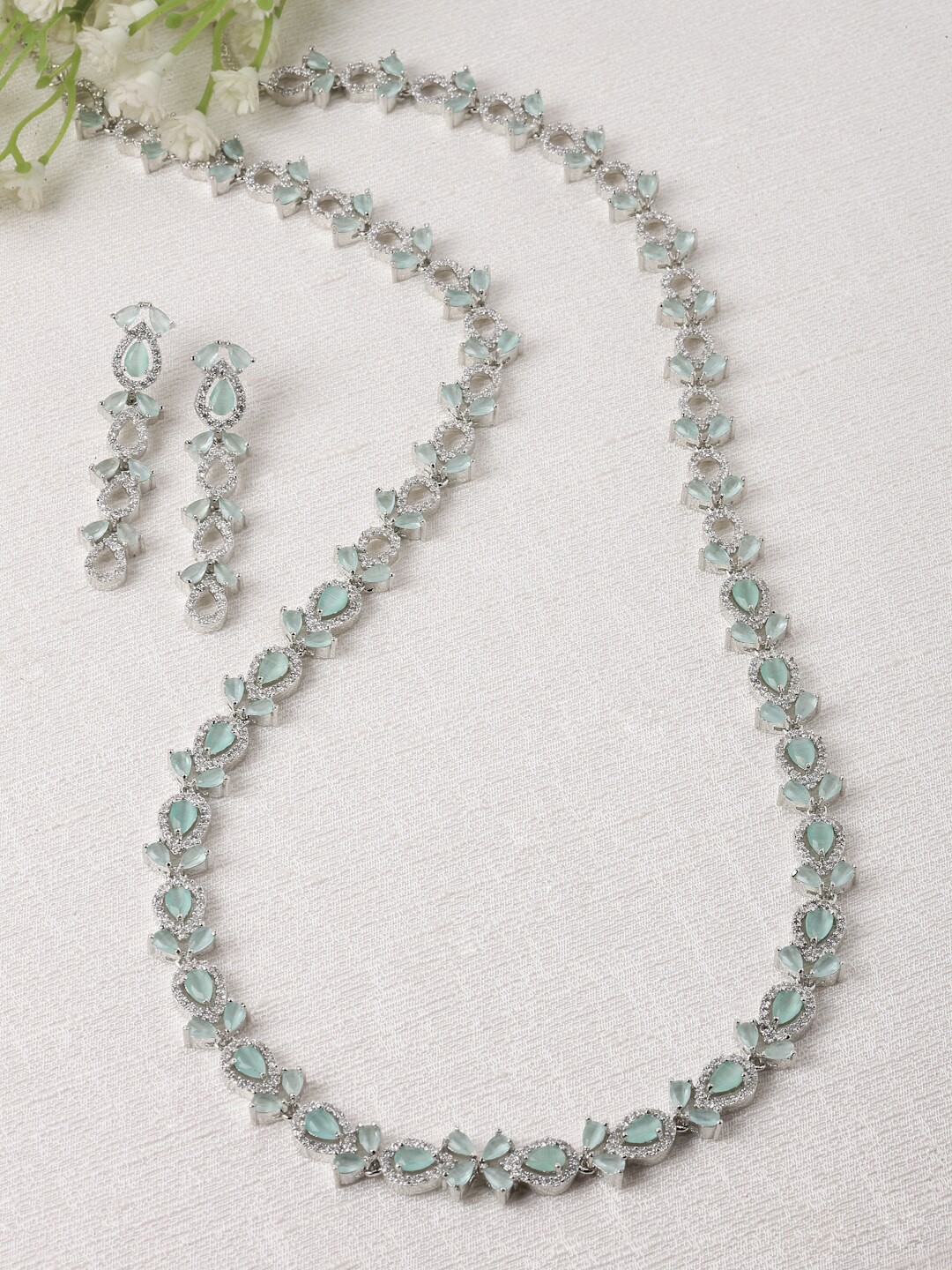

ZENEME Rhodium-Plated AD-Studded Jewellery Set, Lime green