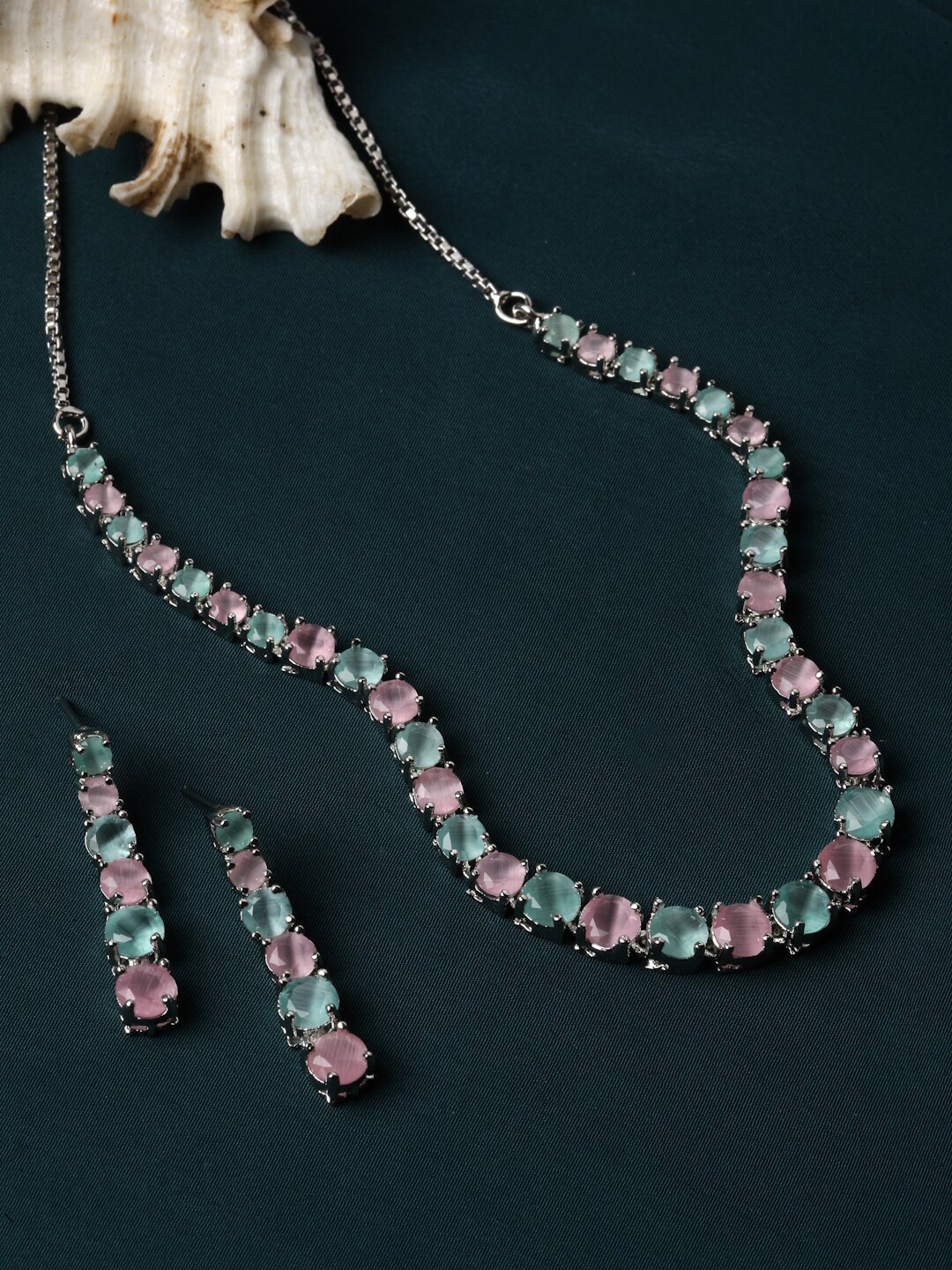 

ZENEME Rhodium-Plated AD-Studded Jewellery Set, Pink