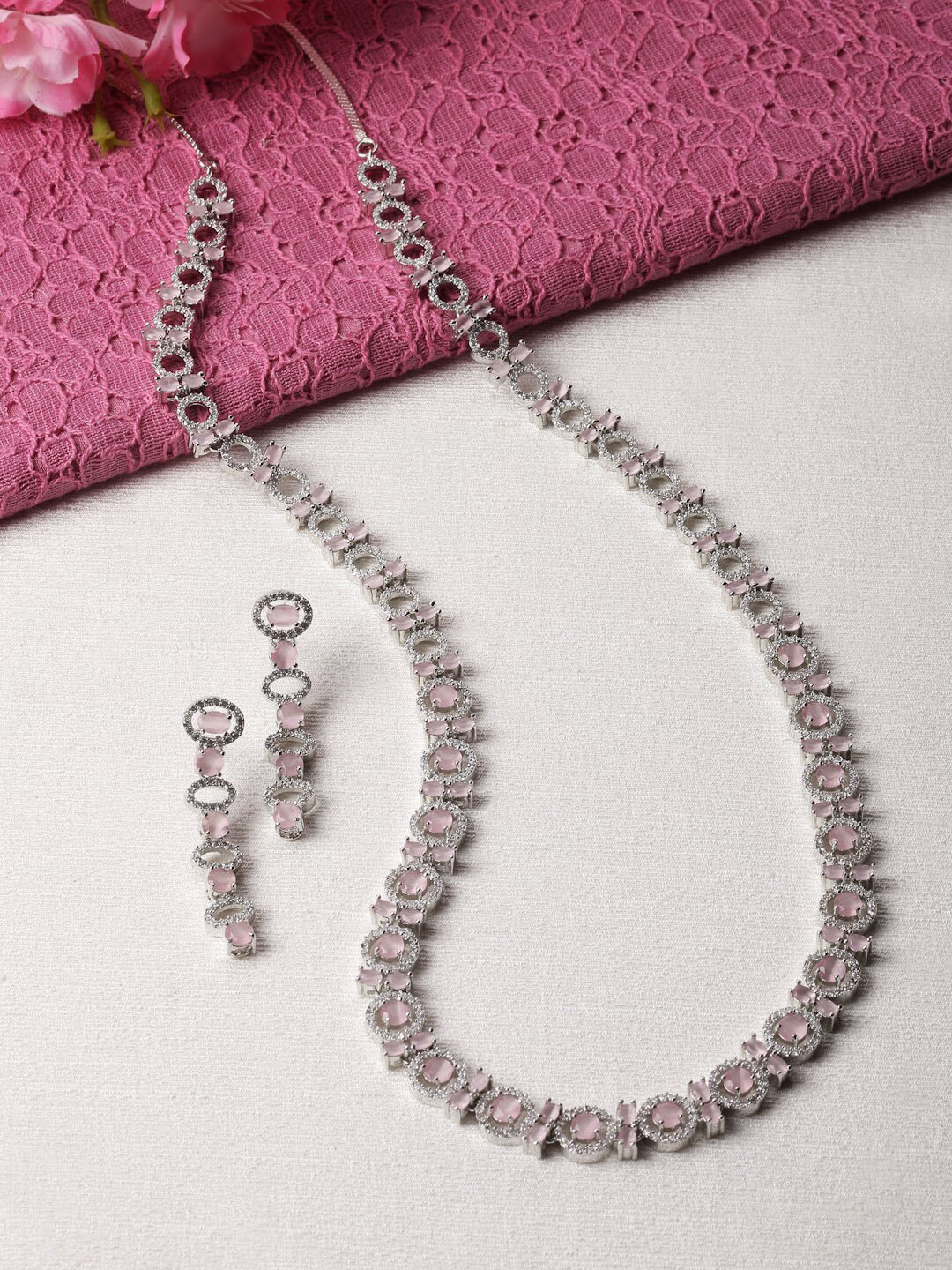 

ZENEME Rhodium-Plated AD-Studded & Beaded Jewellery Set, Silver