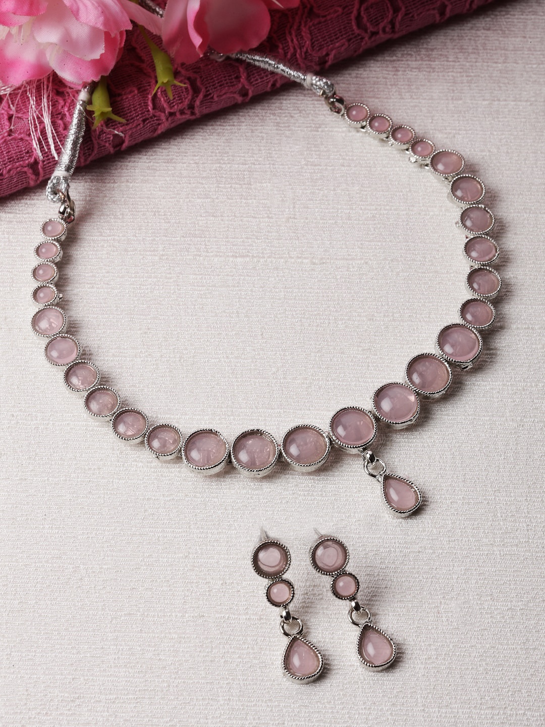 

ZENEME Rhodium-Plated Round American Diamond Studded Necklace with Earrings Jewellery Set, Pink