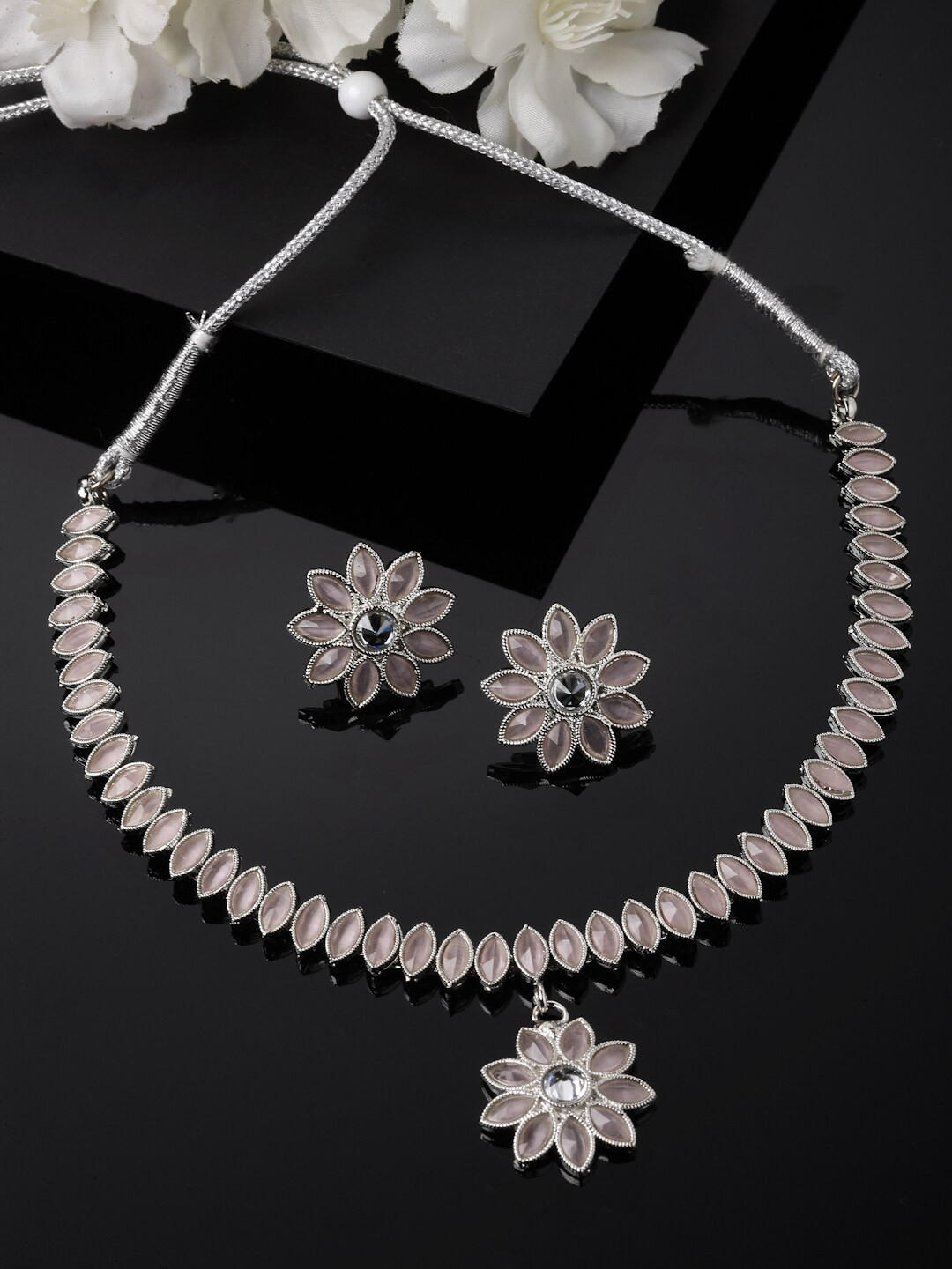 

ZENEME Rhodium-Plated Flower & Leaf Pink AD Studded Necklace Earrings Jewellery Set, Silver
