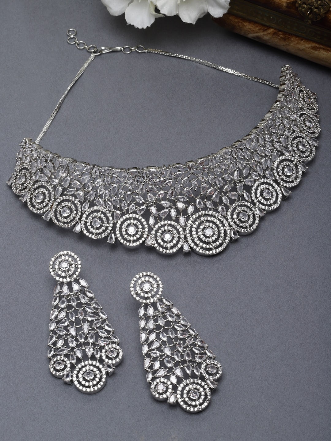 

ZENEME Rhodium-Plated AD-Studded Jewellery Set, Silver