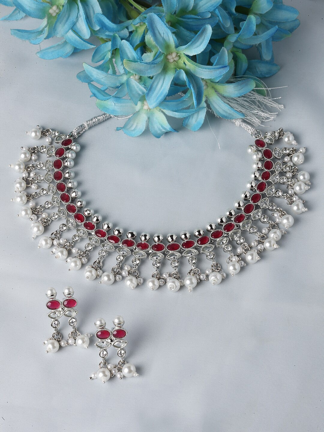 

ZENEME Rhodium-Plated AD Pearl Studded Necklace Earrings Jewellery Set, Red