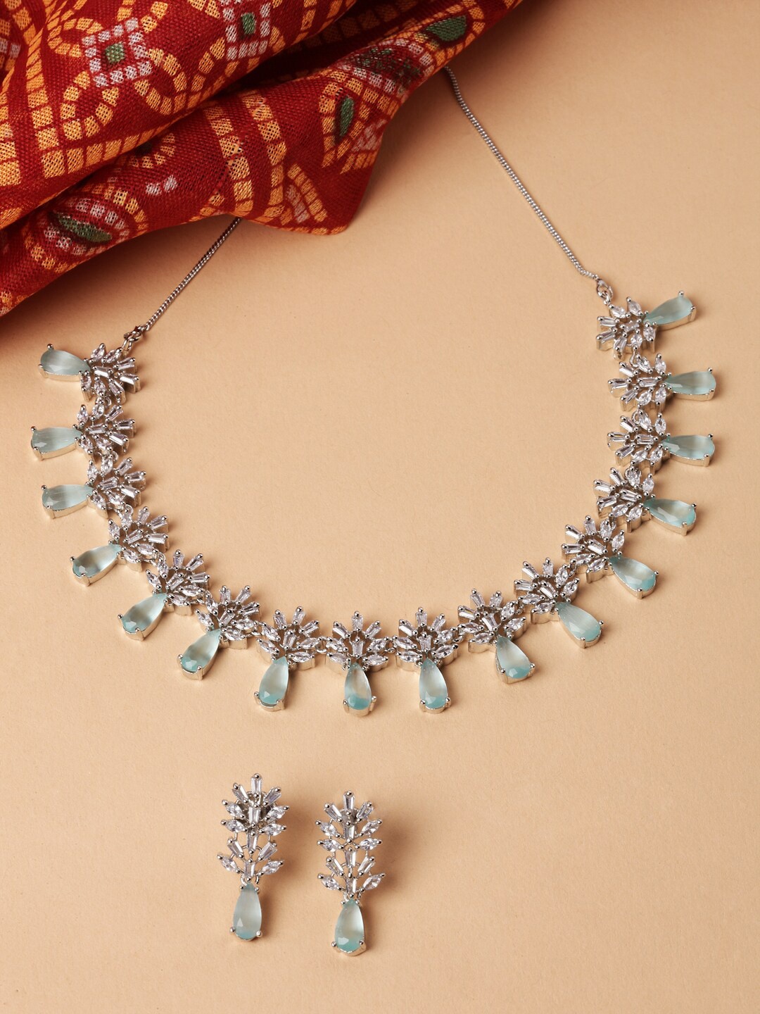 

ZENEME Rhodium-Plated AD-Studded Jewellery Set, Silver