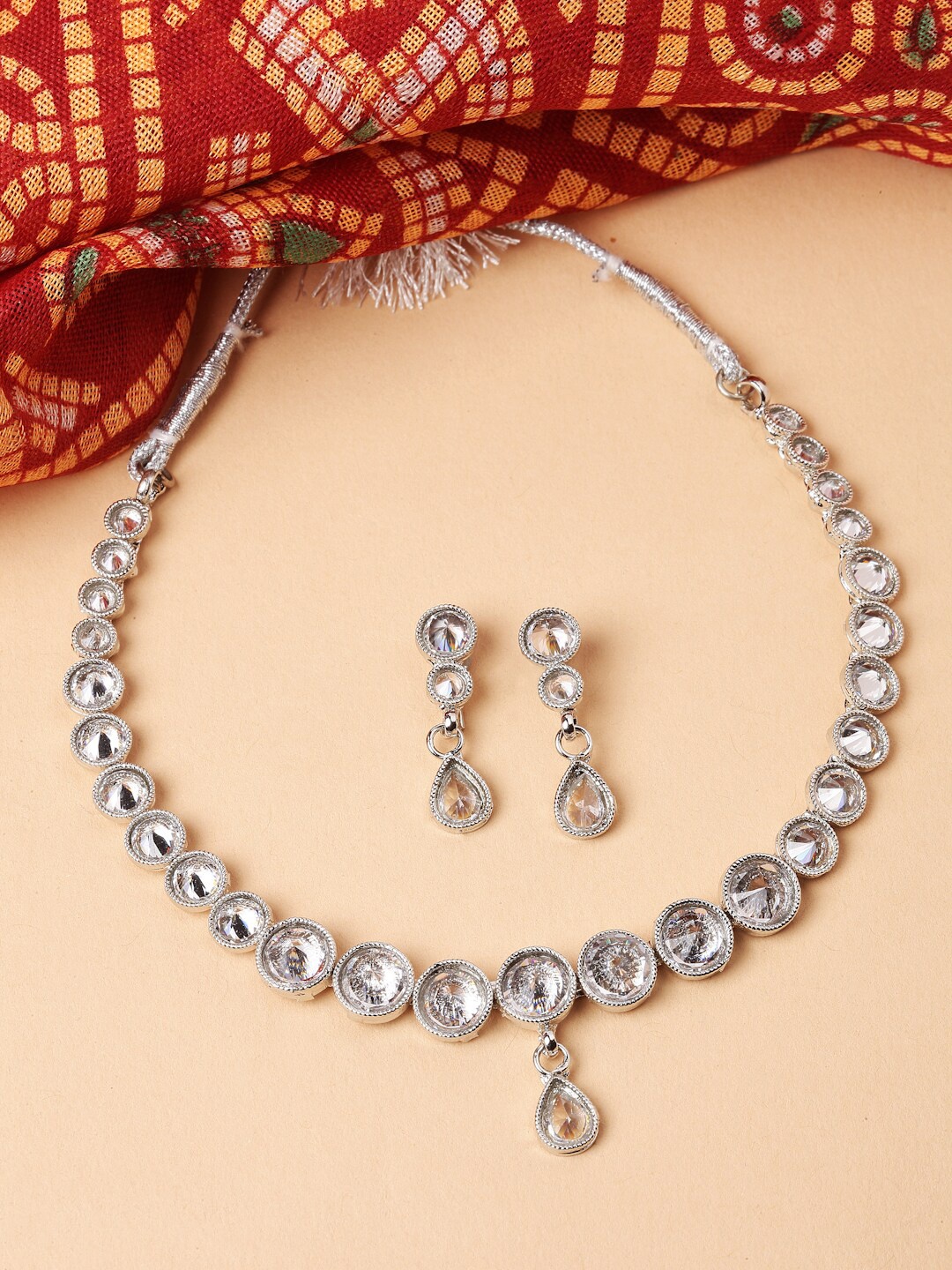 

ZENEME Rhodium-Plated Round American Diamond Studded Necklace with Earrings Jewellery Set, Silver