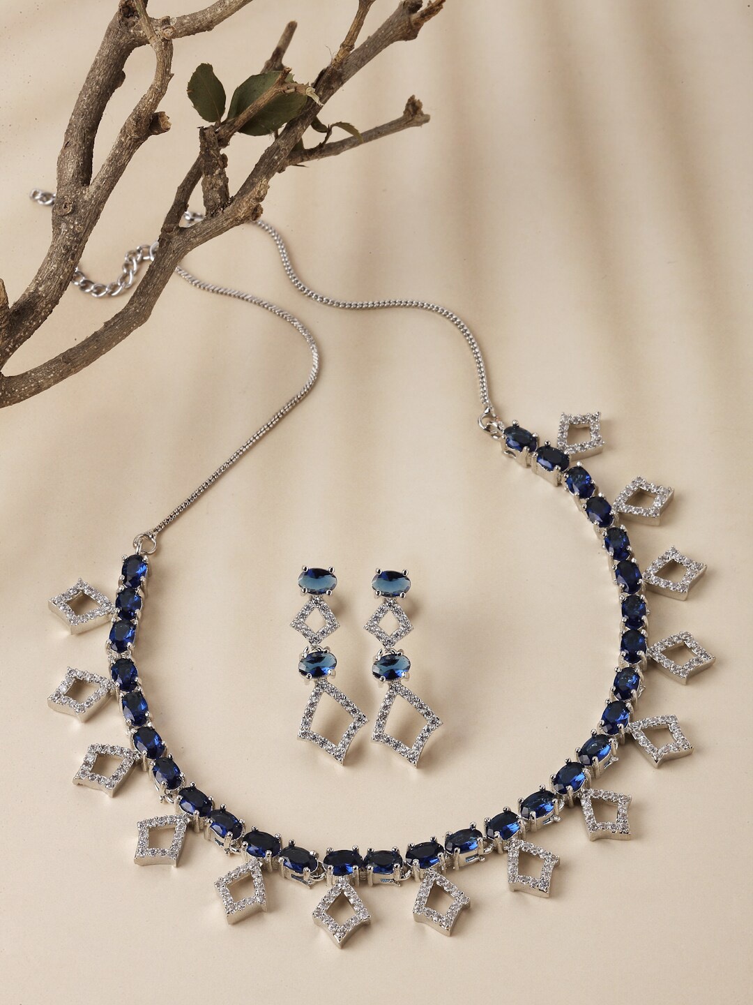 

ZENEME Rhodium-Plated AD Studded Jewellery Set, Silver