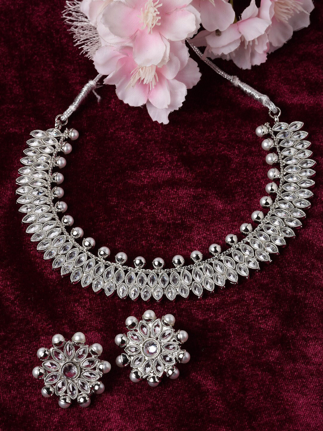 

ZENEME Rhodium-Plated AD Pearl Studded Necklace Earrings Jewellery Set, Silver