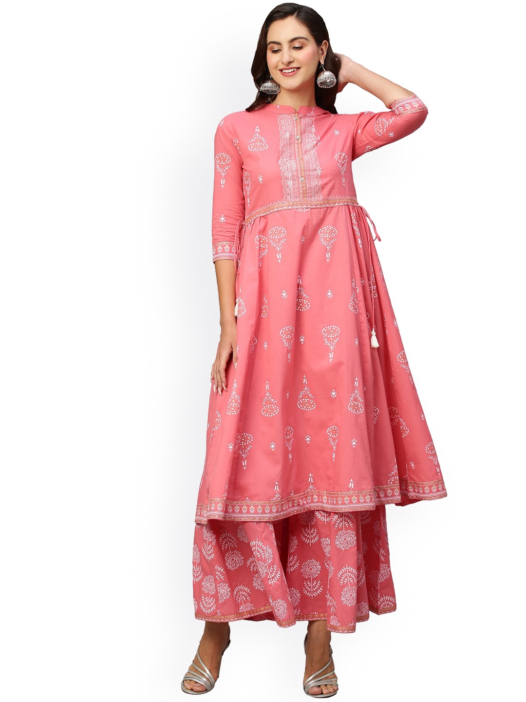 

Nimayaa Ethnic Motifs Printed Thread Work Pure Cotton Kurta with Palazzos, Pink