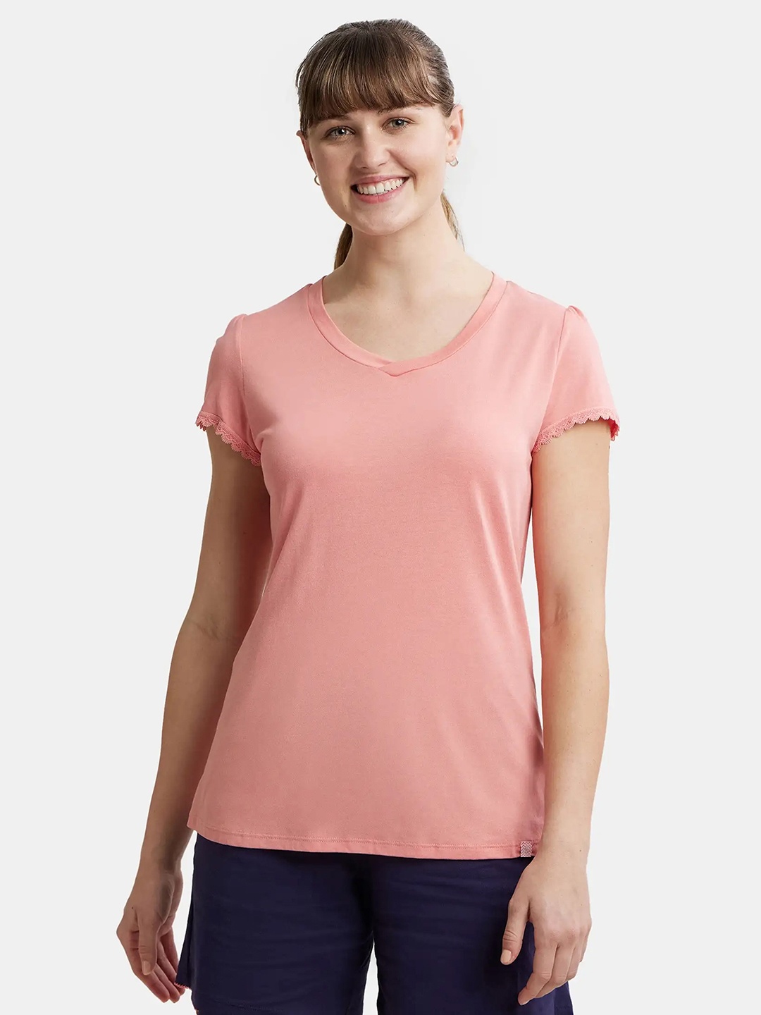 

Jockey Micro Modal Cotton Relaxed Fit Solid V Neck Half Sleeve Tshirt -RX12, Pink