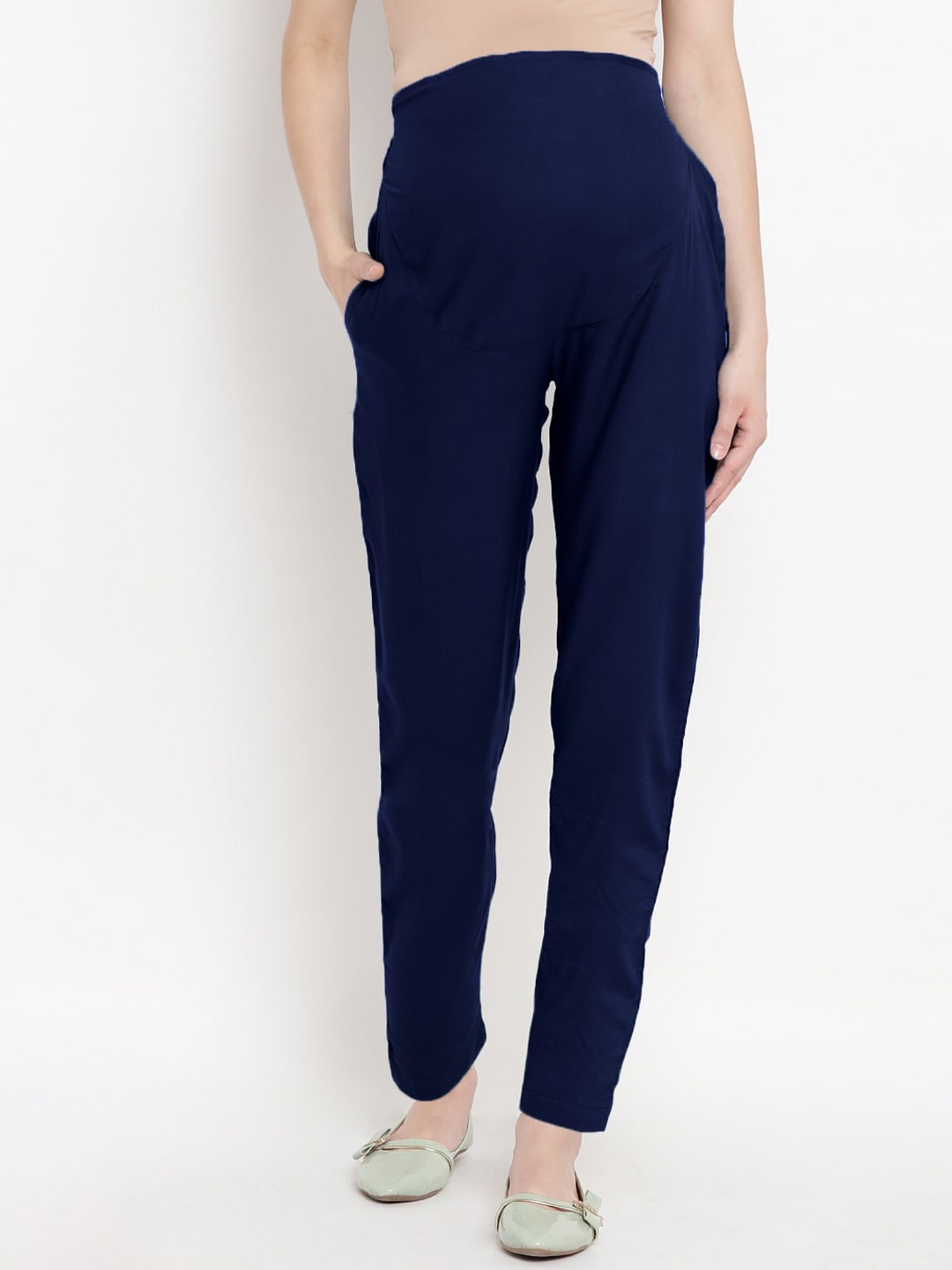 

Mine4Nine Women High-Rise Easy Wash Maternity Trousers, Navy blue