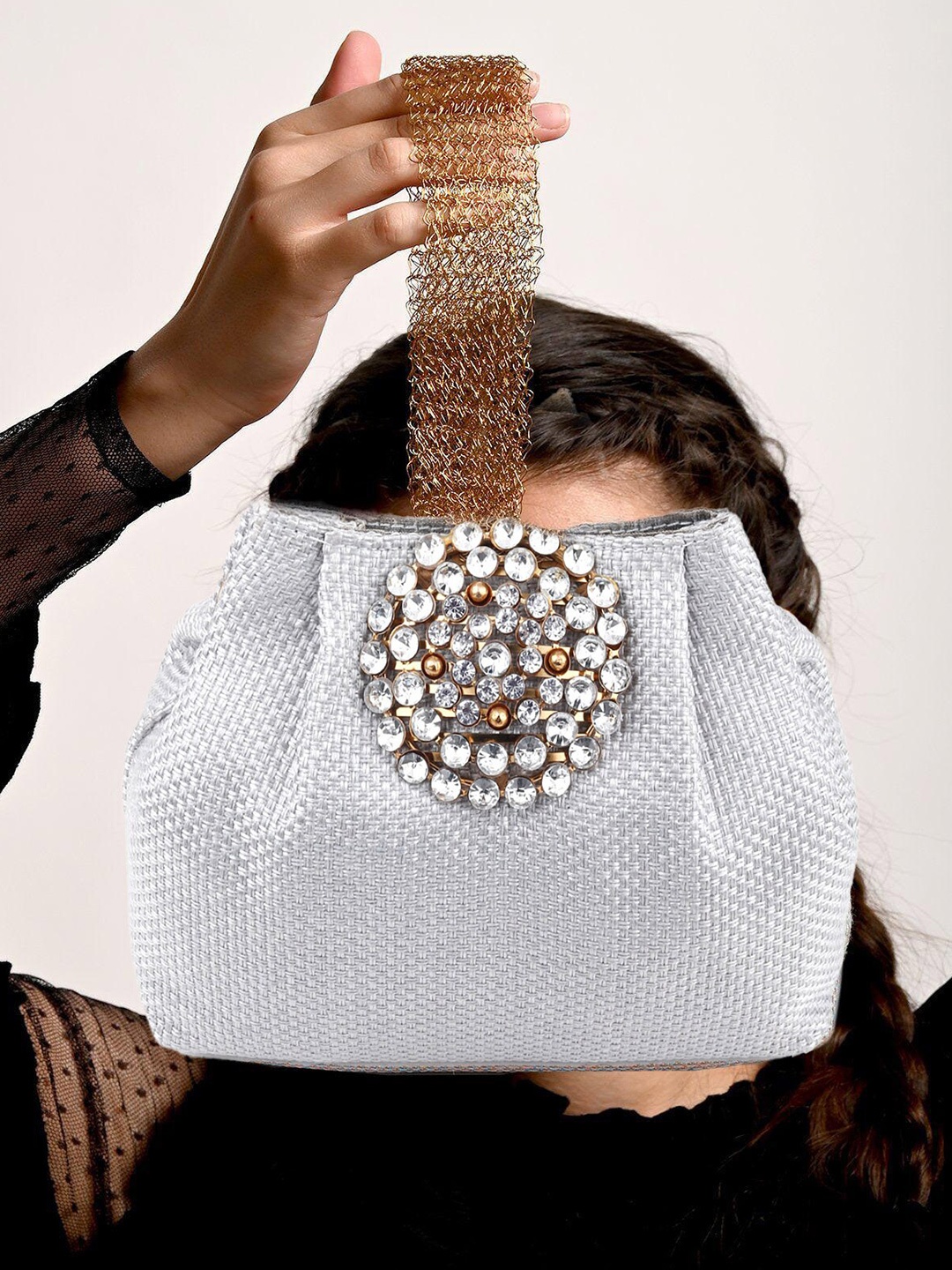 

ODETTE Embellished Box Clutch, Silver