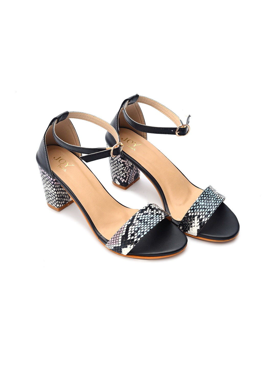 

Joytouch Textured Open Toe Block Heels With Ankle Loop, Black