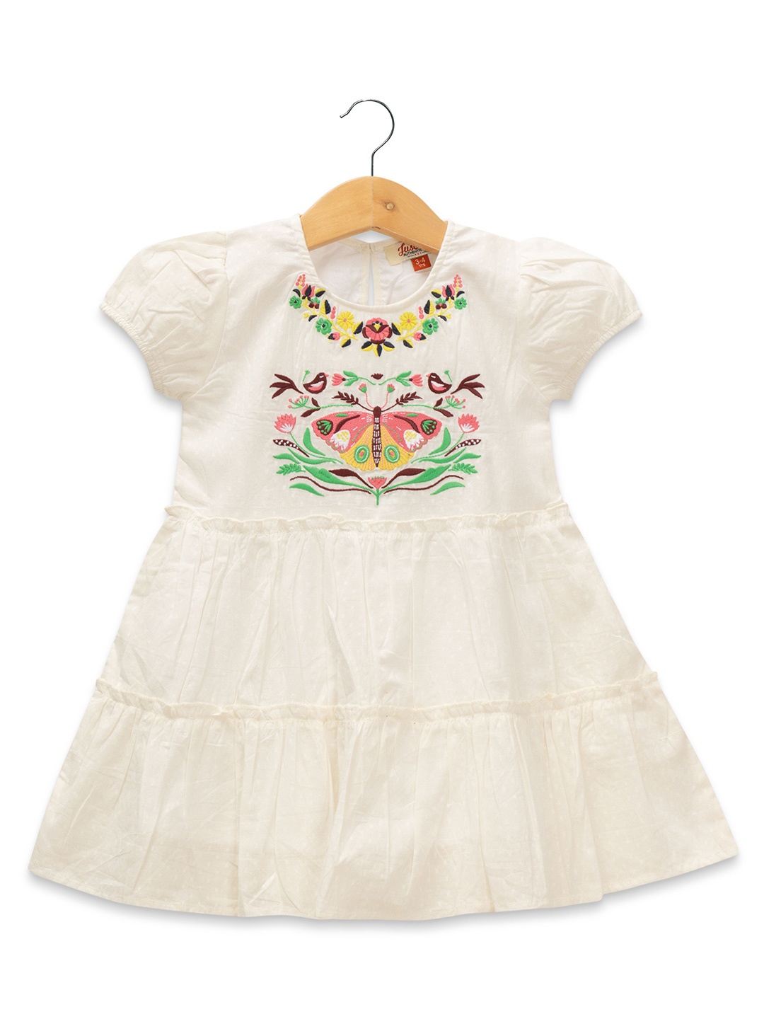 

JusCubs Girls Floral Embroidered Puff Sleeves Tiered Fit & Flare Dress, Off white