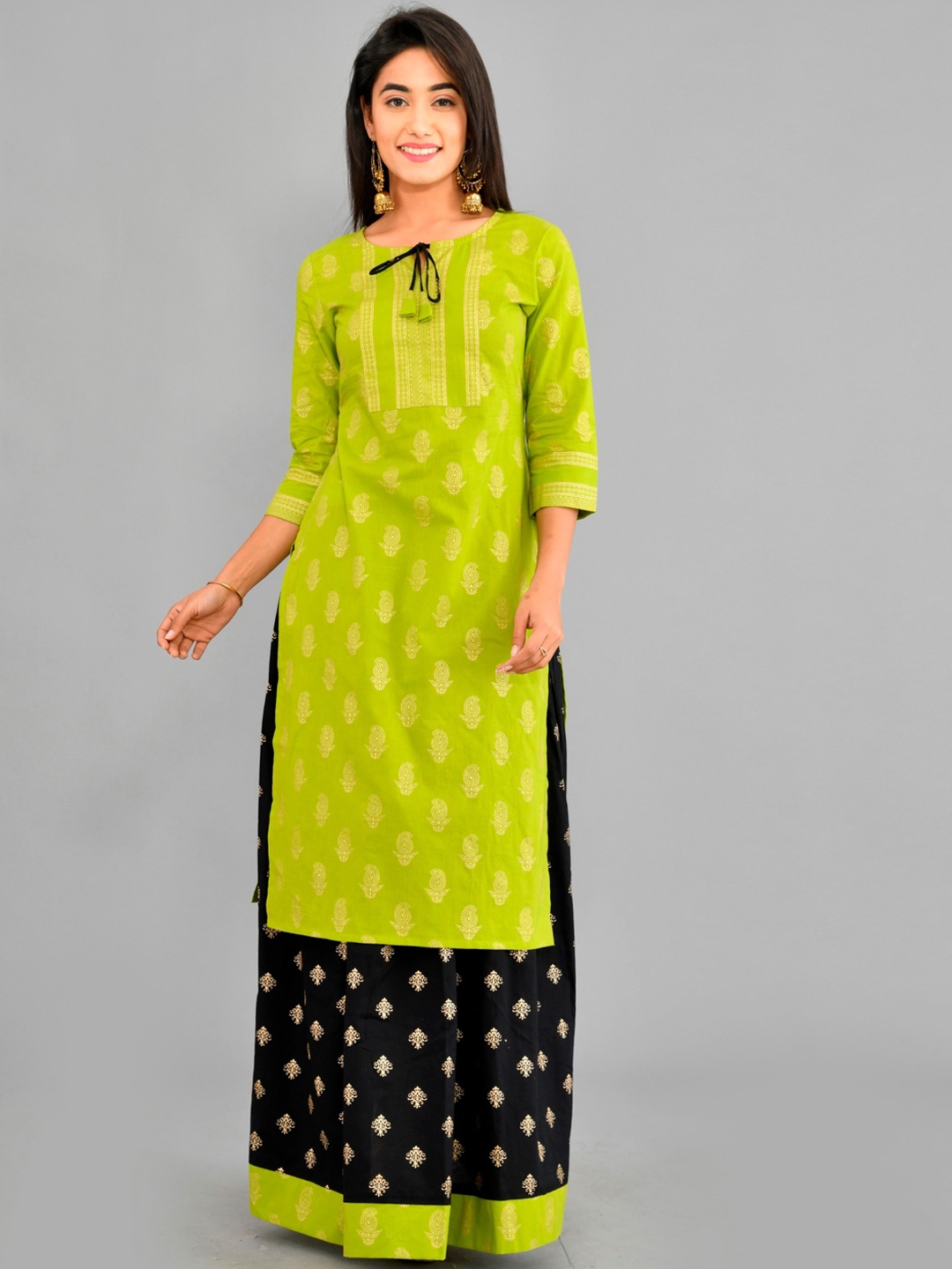 

SkyaSia Ethnic Motifs Printed Straight Kurta with Skirt, Lime green
