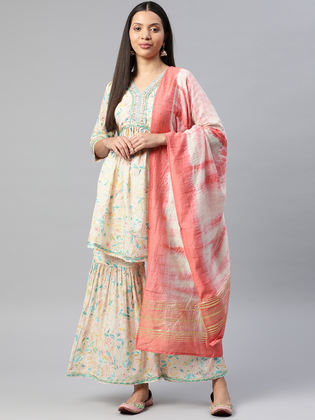 

Readiprint Floral Printed Kurti with Sharara & Dupatta, Cream