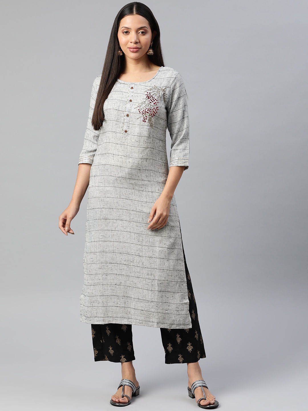 

Readiprint Fashions Women Floral Regular Kurti with Palazzos, Grey