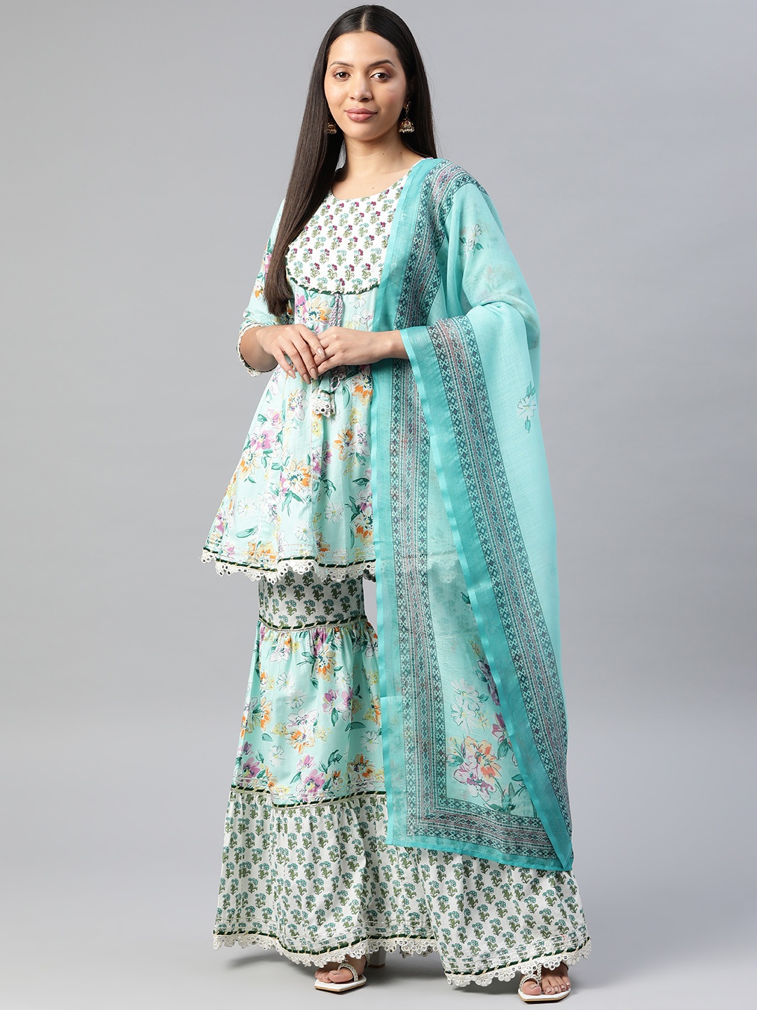 

Readiprint Women Floral Kurti with Sharara Dupatta, Sea green