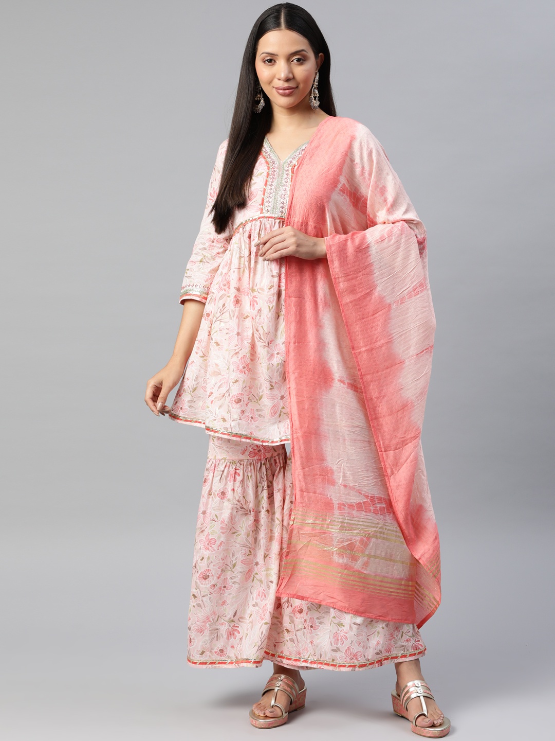 

Readiprint Floral Printed Gotta Patti Pure Cotton Kurta with Sharara & Dupatta, Pink